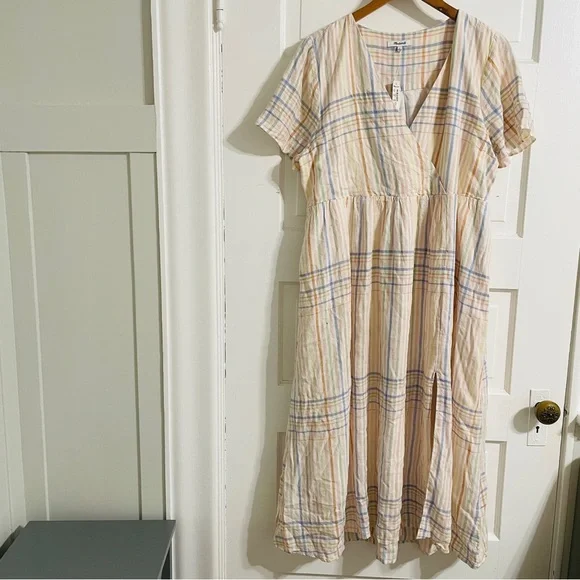 NWT Madewell Linen-Blend Clara Midi Dress in Plaid Pastel - Picture 7 of 12